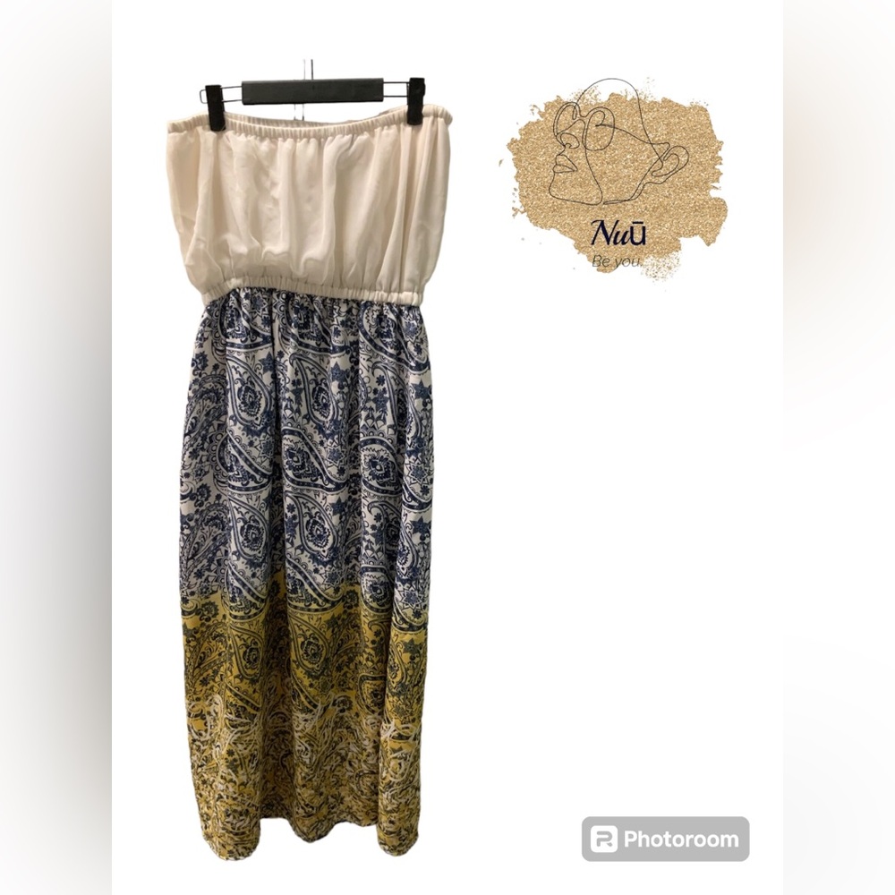 Marianne Blue and Yellow Ombré Strapless Maxi Dress 1X